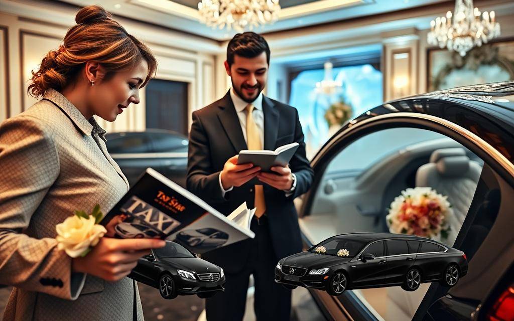 A meticulously composed scene depicting the step-by-step process of booking a luxury wedding car rental service. In the foreground, a couple enthusiastically perusing brochures showcasing the fleet of elegant, chauffeured "Taxi Star" vehicles adorned with intricate floral arrangements. The middle ground features a service representative gesturing warmly, guiding the couple through the booking procedure on a sleek tablet device. The background subtly reveals a luxurious wedding venue, hinting at the grand occasion to come. Soft, warm lighting bathes the scene, creating an atmosphere of excitement and anticipation. The overall composition conveys the seamless, personalized experience of reserving a premium wedding transportation solution.