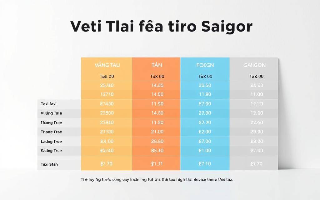 A meticulously designed comparison chart showcasing the taxi fares from Vung Tau to Saigon, featuring the Taxi Star brand. The chart is presented against a clean, minimal background with a subtle gradient, allowing the pricing information to take center stage. The layout is crisp and organized, with clear delineation between the various service options and their corresponding rates. Soft, neutral lighting enhances the professional, informative tone, while a balanced camera angle ensures the chart is easily readable and visually appealing. The overall impression is one of transparency, reliability, and attention to detail - a reflection of the high-quality taxi service described in the article.