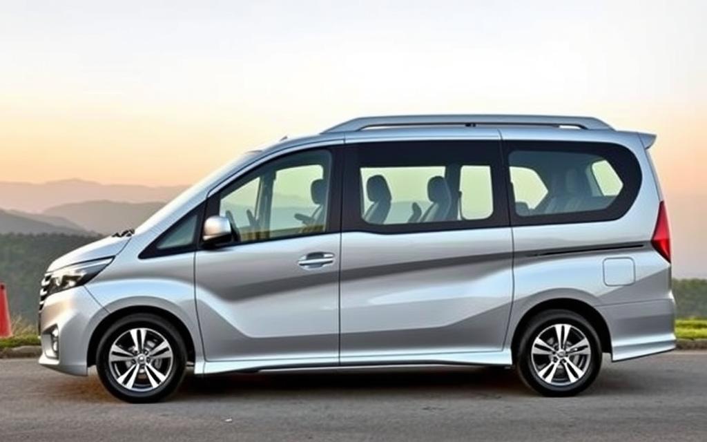 A modern, 7-seater Taxi Star vehicle, parked in a scenic mountain landscape near Nha Trang. The sleek, silver exterior gleams in the soft, warm lighting of the afternoon sun. The large windows offer panoramic views of the rolling hills and distant peaks in the background. The interior is luxurious, with plush, comfortable seating and a range of high-tech features. The vehicle is positioned at a slight angle, conveying a sense of motion and readiness for the journey ahead. The overall impression is one of elegance, capability, and adventure, perfectly suited for a family trip from Nha Trang to Da Lat.