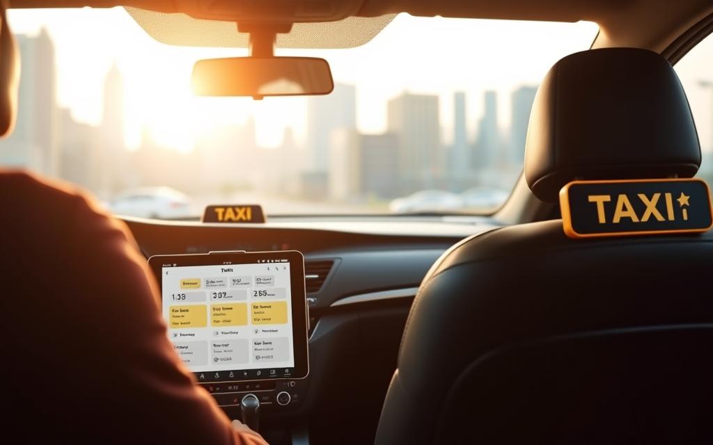 A modern and sleek taxi interior with a prominently displayed "Taxi Star" logo on the dashboard. The scene is bathed in warm, diffused lighting, creating a cozy and welcoming atmosphere. In the foreground, a tablet or smartphone is being used to make a booking, with the screen displaying various taxi options and pricing details. The middle ground features a well-appointed, leather-upholstered passenger seat, inviting the viewer to imagine themselves comfortably seated. The background depicts the cityscape outside, with skyscrapers and urban landmarks visible through the car's tinted windows, suggesting a convenient and efficient transportation experience.