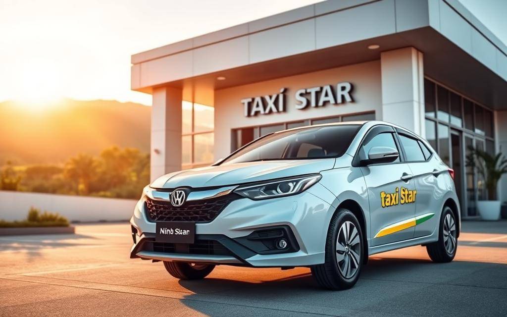 A modern, bright and welcoming rental service station in Ninh Thuan. In the foreground, a sleek, well-maintained Taxi Star rental car stands prominently, its glossy exterior reflecting the warm, golden sunlight. The middle ground features an attractive, minimalist building with clean lines and large windows, conveying a sense of professionalism and attention to customer experience. The background showcases the lush, verdant landscapes of Ninh Thuan, hinting at the adventurous journeys that await renters. The scene exudes a sense of convenience, reliability, and the promise of a memorable self-drive experience.