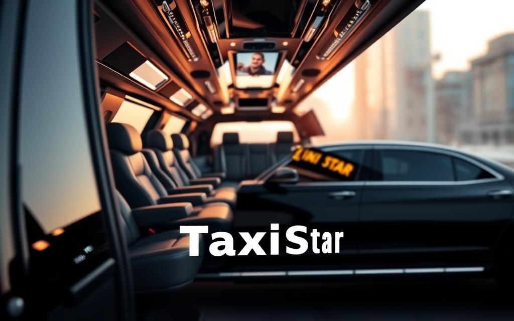 A modern, luxurious limousine interior, meticulously crafted with premium leather seats, gleaming chrome accents, and plush carpeting. The spacious cabin is bathed in warm, ambient lighting, creating a serene and sophisticated atmosphere. In the foreground, the Taxi Star logo is prominently displayed on the sleek, black exterior, conveying a sense of high-end service and reliability. The mid-ground features a side-on view of the limousine, showcasing its elongated silhouette and elegant lines. The background blurs into a soft, hazy cityscape, hinting at the vehicle's ability to transport passengers in comfort and style.