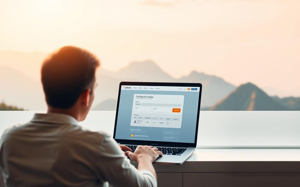 A modern, minimalist online bus ticket booking platform. A clean, user-friendly interface with intuitive controls. In the foreground, a person interacting with a laptop, booking a ticket on the "Taxi Star" website. The middle ground features a clean, white background with subtle gradient accents. The background depicts a serene, mountainous landscape, evocative of a popular tourist destination like Nha Trang or Da Lat. Warm, natural lighting casts a soft glow, creating a calming, inviting atmosphere. The overall scene conveys efficiency, simplicity, and the convenience of online bus ticket booking.