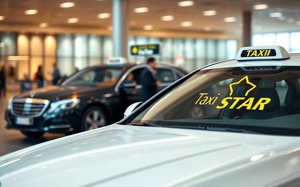 A modern, sleek airport transfer service with the Taxi Star brand prominently displayed. In the foreground, a luxurious sedan with a professional driver waiting to assist passengers. The middle ground showcases the airport terminal in the background, with a warm, inviting atmosphere. Soft, directional lighting highlights the car's elegant lines and the driver's attentive posture. The scene conveys a sense of efficiency, comfort, and high-quality service, reflecting the reliable and convenient transportation options available for travelers arriving at the airport.