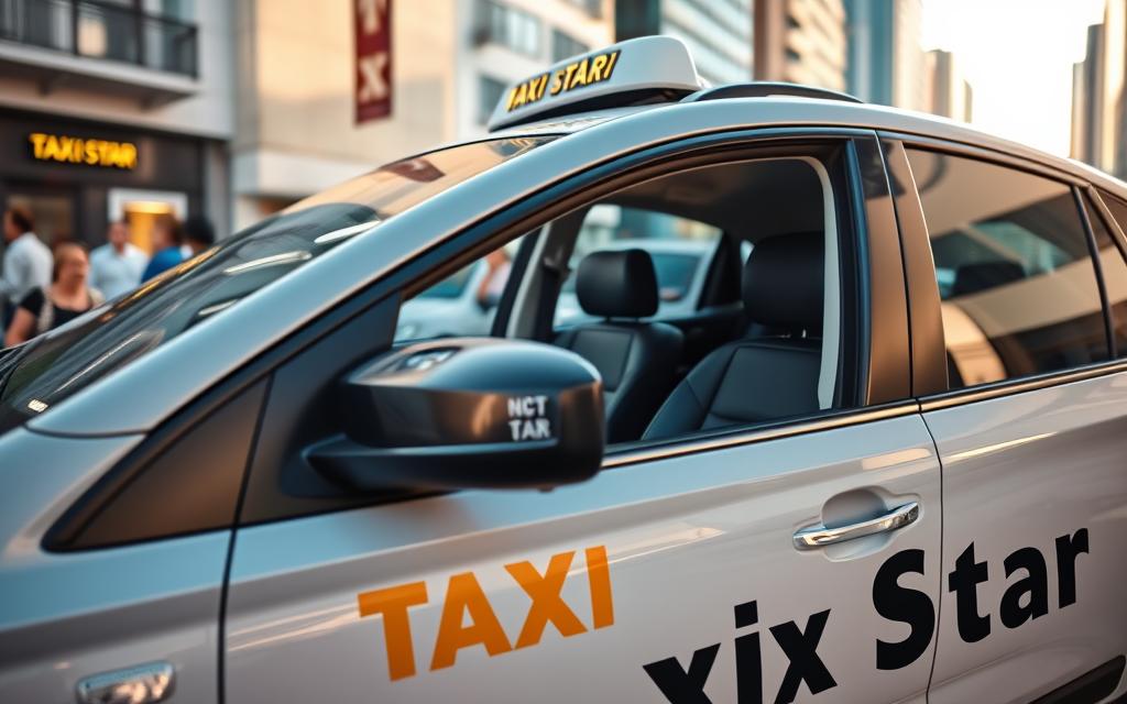 A modern, sleek taxi cab with the Taxi Star brand prominently displayed on the side. The taxi is parked on a bustling city street, with buildings and people in the background. The lighting is warm and inviting, creating a sense of comfort and professionalism. The taxi's exterior is in pristine condition, gleaming under the sun's rays. The interior is spacious and well-appointed, with comfortable seating and amenities that suggest a premium transportation experience. The overall scene conveys a sense of reliability, affordability, and a premium service catered to discerning travelers.