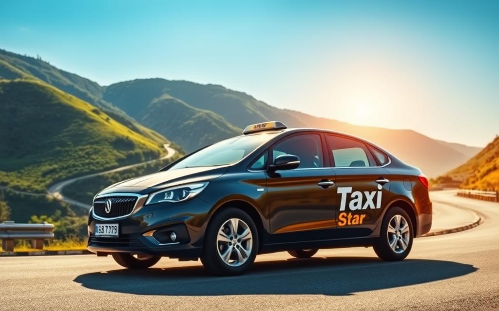 A modern, sleek taxi prominently displaying the "Taxi Star" brand name on the side. The vehicle is captured in a dynamic, three-quarter angle view, showcasing its clean, aerodynamic design. The taxi is positioned on a winding mountain road, with lush, verdant hills and a clear, blue sky in the background, creating a sense of tranquility and natural beauty. Warm, golden sunlight filters through, casting a soft, inviting glow on the scene. The overall composition and attention to detail convey a professional, reliable, and high-quality taxi service ready to transport passengers on a scenic journey.