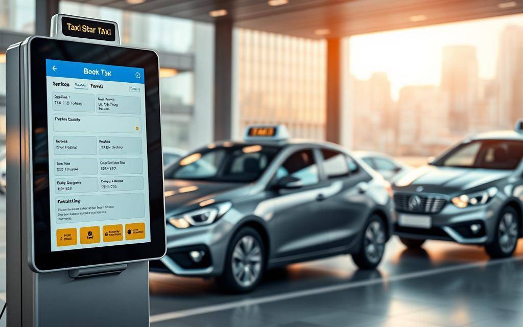 A modern taxi stand with sleek, metallic Taxi Star vehicles parked in a well-lit, minimalist urban setting. The foreground features a touchscreen kiosk displaying booking options and terms, with a concise yet informative visual guide. The middle ground showcases the elegant, streamlined taxi design, emphasizing its premium quality. The background depicts a softly blurred cityscape, conveying a sense of efficiency and connectivity. The lighting is warm and inviting, creating an atmosphere of professionalism and reliability. The overall composition conveys the convenience, accessibility, and high-quality service of the Taxi Star transportation experience.