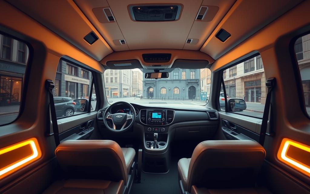 A modern, well-appointed interior of a reputable Taxi Star passenger van, its sleek lines and sophisticated design conveying a sense of reliable transportation. Soft, warm lighting illuminates the plush seating and clean, contemporary dashboard, creating a welcoming atmosphere. The van is positioned in a city setting, with glimpses of urban architecture visible through the large, tinted windows, suggesting a sense of professionalism and trustworthiness. The overall scene evokes a feeling of high-quality, dependable service that would appeal to discerning travelers.