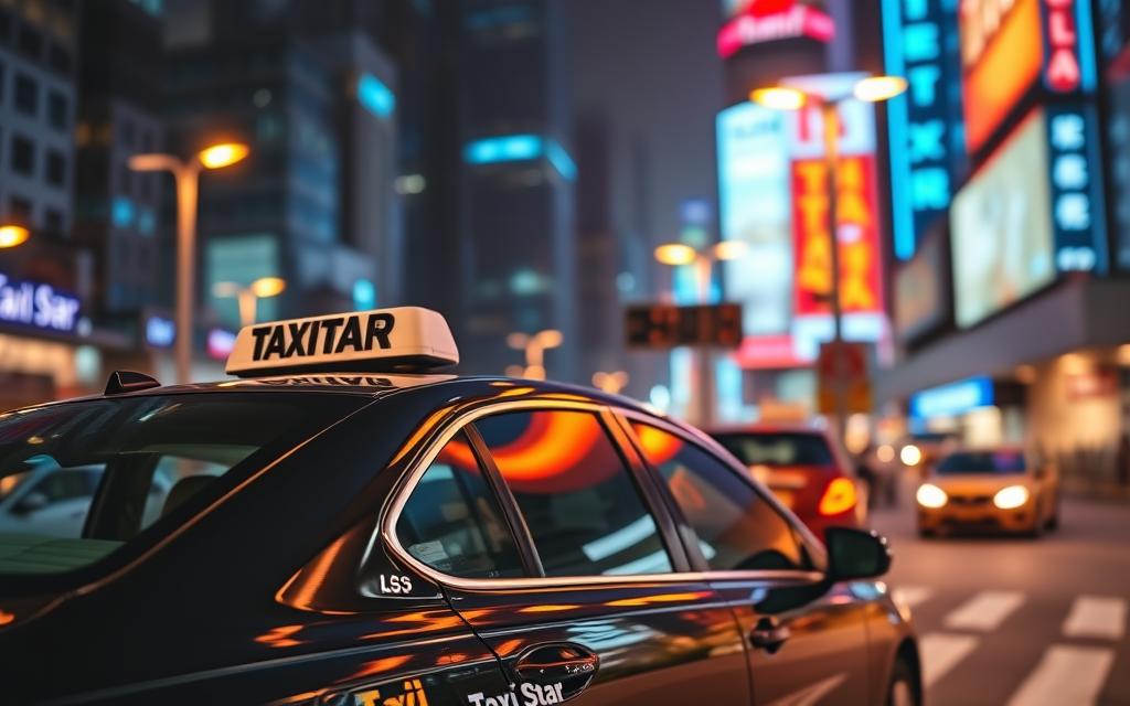 A modern, well-equipped taxi service with the brand name "Taxi Star" in a dynamic urban setting. The image shows a sleek, shiny black sedan with the Taxi Star logo prominently displayed on the side. The taxi is positioned in the foreground, with a blurred cityscape of high-rise buildings, bustling streets, and bright neon signs in the background, conveying a sense of a vibrant, fast-paced metropolitan area. The lighting is a combination of warm, golden tones from street lamps and cool, blue-tinted illumination from nearby buildings, creating a visually striking and atmospheric scene. The angle is slightly elevated, giving a sense of scale and emphasizing the taxi's presence in the urban landscape.