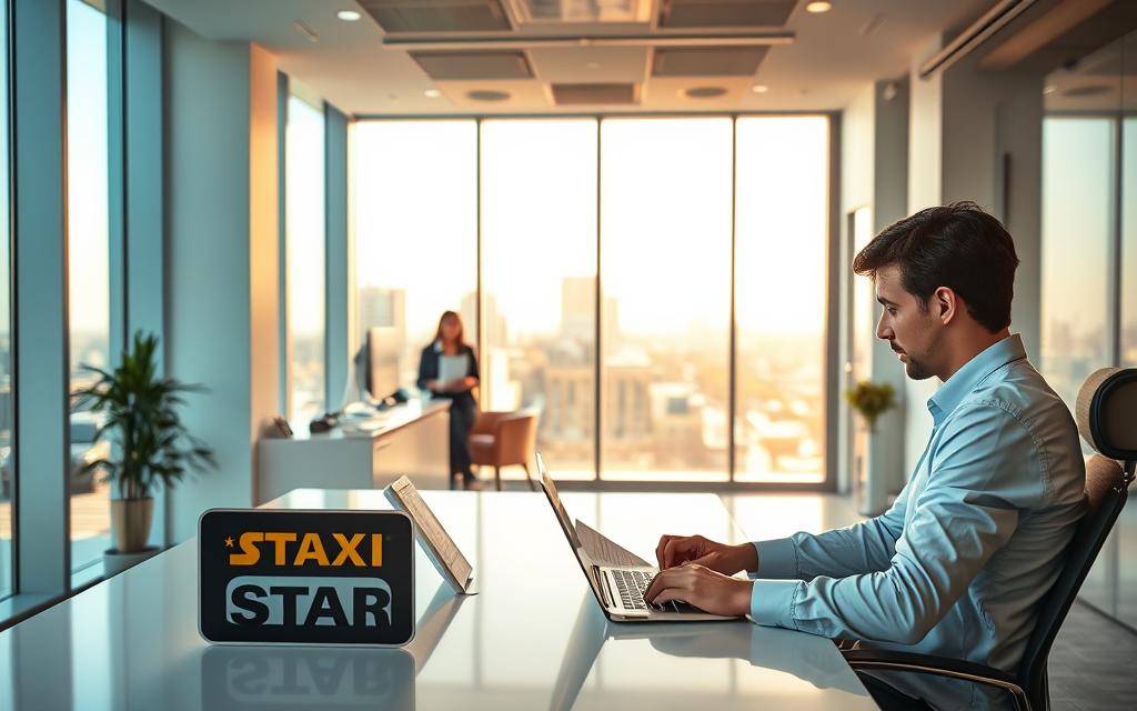 A modern, well-lit office interior with a clean, minimalist design. In the foreground, a young professional is sitting at a desk, reviewing paperwork and interacting with a laptop. On the desk, a "Taxi Star" logo is prominently displayed. In the middle ground, a customer is engaged in discussion with a customer service representative, both seated comfortably. The background features floor-to-ceiling windows overlooking a cityscape, bathed in warm, natural light. The overall atmosphere conveys efficiency, professionalism, and a seamless rental experience.