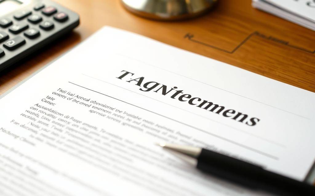 A neatly organized rental agreement document, its pages displaying the Taxi Star logo prominently. The document is positioned on a wooden desk, partially obscured by a pen and a calculator, conveying a sense of professionalism and attention to detail. The lighting is soft and warm, highlighting the texture of the paper and creating a welcoming, inviting atmosphere. The camera angle is slightly elevated, providing a clear view of the key details while maintaining a sense of balance and composition.