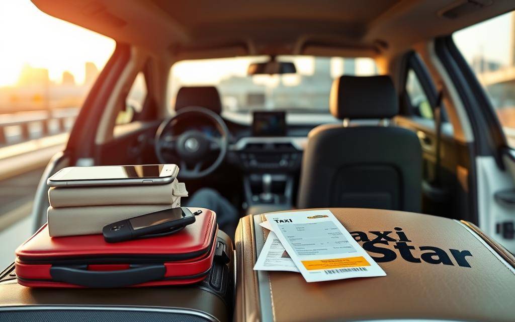 A pristine sedan with the "Taxi Star" branding stands ready to transport passengers to the airport. In the foreground, a stack of luggage, a smartphone, and a boarding pass evoke the essential elements of airport travel. The midground features a sleek, modern dashboard and interior, with the driver's hands gripping the steering wheel, conveying a sense of professionalism and attentiveness. The background blurs into a cityscape, hinting at the journey ahead. Warm, natural lighting filters through the windows, creating a welcoming and comfortable atmosphere. The entire scene reflects the careful planning and attention to detail required for a stress-free airport transfer.