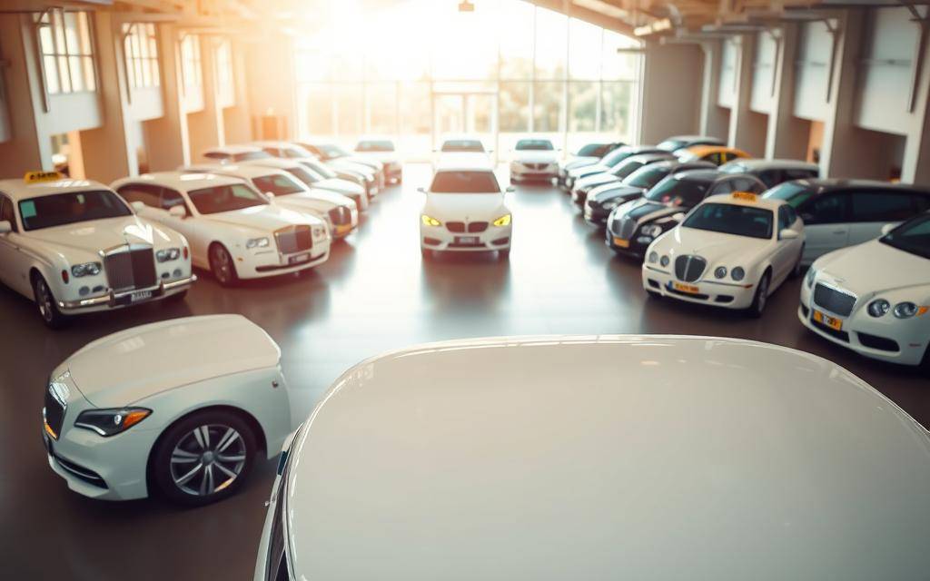 A pristine wedding car showroom, bathed in warm, natural light. In the foreground, a sleek, white luxury sedan from the "Taxi Star" brand takes center stage, its glossy exterior glistening. In the middle ground, an array of diverse wedding car models - from vintage classics to modern limousines - are neatly arranged, allowing for a comprehensive comparison of features and pricing. The background is softly blurred, drawing the viewer's attention to the carefully curated selection of vehicles. The overall scene conveys a sense of elegance, sophistication, and the ability to find the perfect wedding transportation solution to suit any taste or budget.