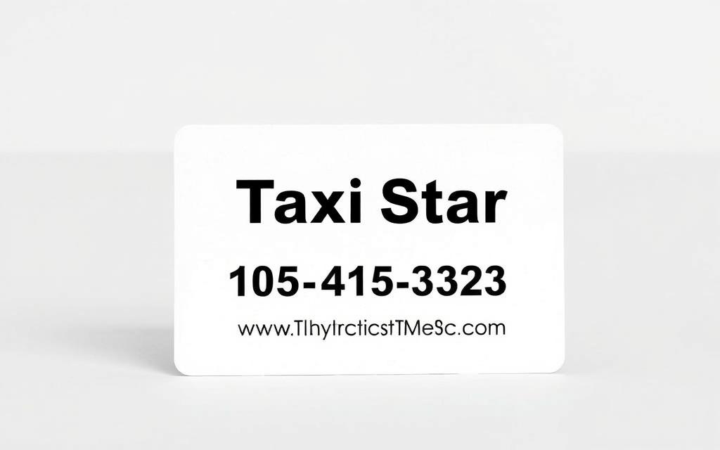 A professional, modern, and well-designed contact information card for the Taxi Star brand. Set against a clean, minimalist background, the card features the Taxi Star logo prominently displayed, along with key contact details such as phone number, website, and email address. The layout is balanced and visually appealing, with sufficient whitespace to make the information easy to read. The color palette is muted and sophisticated, reflecting the brand's trustworthy and reliable image. The overall impression is one of a high-quality, trustworthy service provider.