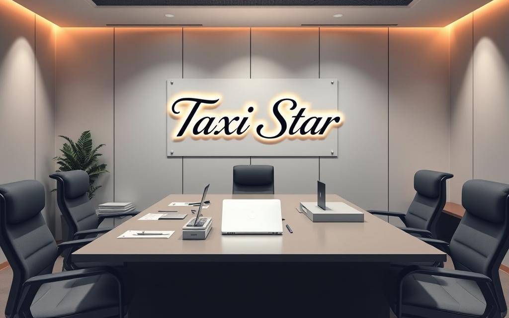 A professional, modern office setting with a large desk and comfortable chairs. On the desk, there are various office supplies, a laptop, and a prominent sign displaying the brand name "Taxi Star" in an elegant, eye-catching font. The background features a minimalist design with clean lines and neutral colors, creating a calming and professional atmosphere. The lighting is soft and warm, highlighting the key elements on the desk. The overall composition conveys a sense of efficiency, reliability, and approachability, inviting the viewer to easily connect with the "Taxi Star" brand and their contact information for arranging a self-drive tour in Ninh Thuan.