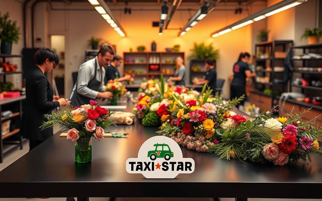 A professional, well-equipped floral design studio with skilled florists carefully arranging vibrant flowers and greenery on a sleek black table. The warm, indirect lighting casts a soft glow, highlighting the texture and colors of the blooms. In the foreground, a "Taxi Star" logo stands prominently, conveying the brand's commitment to expert service. The studio's organized, streamlined workflow is evident, with tools and supplies neatly arranged. The overall atmosphere exudes a sense of refined elegance and attention to detail, reflecting the high-quality floral arrangements that will be delivered to the client.