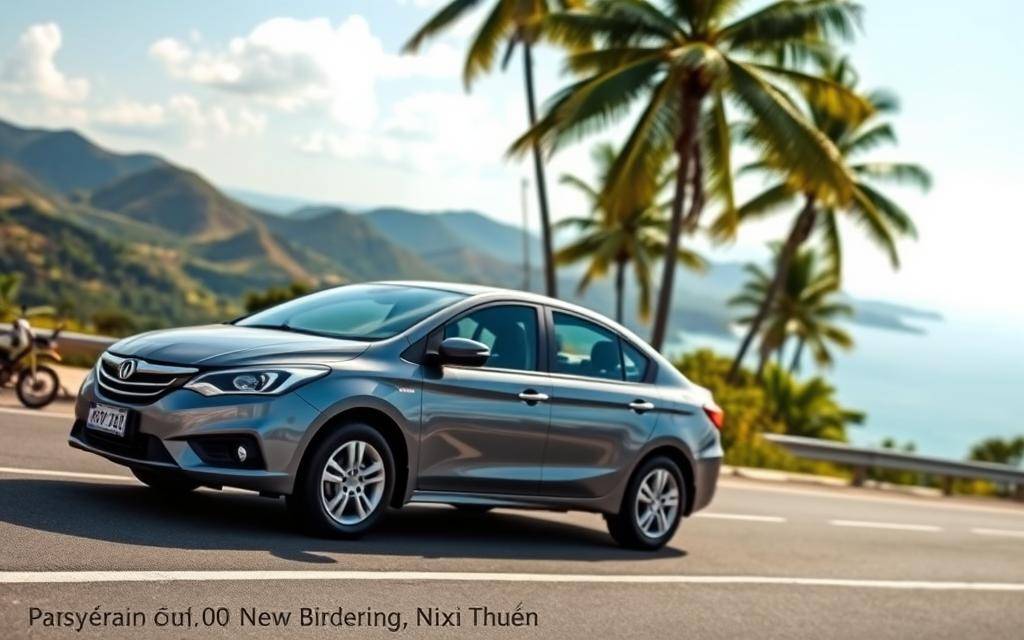 A scenic coastal road in Ninh Thuận, with a well-maintained, mid-sized Taxi Star sedan in the foreground. The car is positioned at an angle, with its sleek exterior and polished rims reflecting the bright, warm sunlight. In the background, rolling hills and lush palm trees create a picturesque landscape, hinting at the tranquil and serene setting. The image exudes a sense of adventure and freedom, perfectly capturing the essence of a self-drive tourism experience in the region.