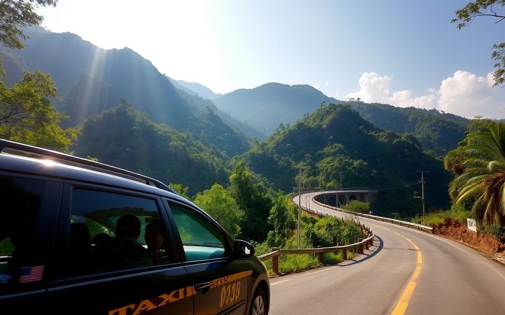 A scenic mountain road winds through the lush, verdant landscape of Khanh Le Pass. The sunlight filters through the canopy of towering trees, casting a warm glow over the winding asphalt. In the foreground, a Taxi Star vehicle navigates the tight curves, its sleek exterior gleaming in the natural light. Passengers peer out the windows, taking in the breathtaking vistas of the rugged, rolling hills. The atmosphere is one of tranquility and adventure, inviting the viewer to experience the thrill of this picturesque mountain passage.
