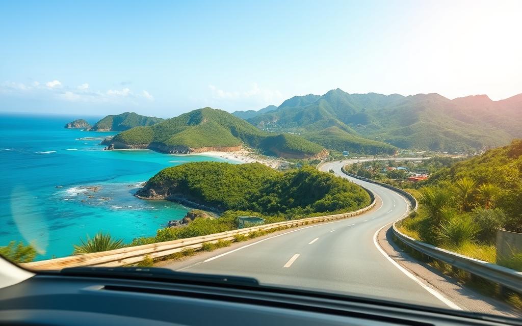 A scenic road winding through the picturesque coastal landscape of Vinh Hy, with the crystal-clear turquoise waters of the East Sea on one side and the lush green hills on the other. The journey from Vinh Hy to Nha Trang is captured in a wide-angle, high-resolution photograph taken from the sunroof of a Taxi Star vehicle, showcasing the breathtaking vistas and the smooth, well-paved road. The lighting is natural and warm, creating a serene and inviting atmosphere. The image conveys a sense of adventure and discovery, perfectly complementing the article's focus on the comfortable and affordable taxi service from Vinh Hy to Nha Trang.