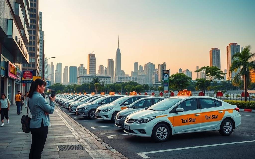 A serene urban scene depicting the process of booking a Taxi Star taxi service. In the foreground, a person stands on a bustling city sidewalk, phone in hand, preparing to make a call. The middle ground showcases a fleet of well-maintained Taxi Star vehicles, their distinctive logos prominently displayed. The background features the skyline of a vibrant metropolis, with towering buildings and a clear, softly-lit sky. The overall mood is one of efficiency and convenience, inviting the viewer to consider the ease of arranging a Taxi Star ride for their Vung Tau to Saigon journey.