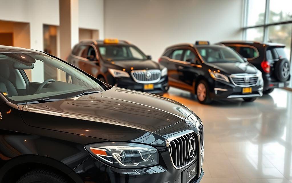 A serene, well-lit showroom showcases a selection of luxury vehicles from the "Taxi Star" brand. In the foreground, a sleek, black sedan takes center stage, its gleaming exterior reflecting the warm lighting. In the middle ground, a spacious SUV and a comfortable minivan stand ready, each offering unique features and amenities. The background is softly blurred, allowing the viewer to focus on the carefully curated collection of vehicles. The overall atmosphere exudes a sense of sophistication and practicality, inviting the viewer to imagine themselves behind the wheel of the perfect ride for their transportation needs.