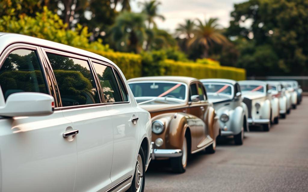 A sleek and elegant procession of wedding cars, each embodying a distinct style and sophistication. In the foreground, a pristine white Taxi Star limousine, its gleaming exterior accentuated by soft, warm lighting that casts a romantic glow. In the middle ground, a fleet of classic vintage cars, their polished chrome and vibrant colors complementing the lush, verdant backdrop. The scene exudes an air of timeless elegance and refined opulence, perfectly suited for the grandeur of a lavish wedding celebration.