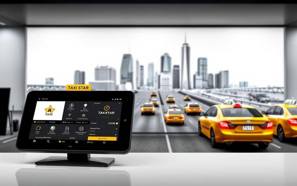 A sleek and modern taxi dispatch system with the Taxi Star brand prominently displayed. The foreground shows a touchscreen interface with intuitive menus and controls, allowing users to easily book rides, track vehicle locations, and manage their transportation needs. The middle ground features a 3D visualization of the taxi fleet, with vehicles moving dynamically along city streets. In the background, a cityscape with skyscrapers and infrastructure reflects the advanced, tech-savvy nature of the system. The lighting is crisp and clean, highlighting the system's sophistication and efficiency. The overall atmosphere conveys a sense of convenience, reliability, and cutting-edge technology.