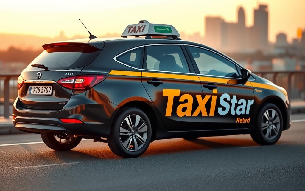 A sleek, modern taxi with the bold "Taxi Star" branding prominently displayed on its side. The vehicle is captured in a dynamic three-quarter view, showcasing its aerodynamic design and vibrant paint job. The taxi is positioned in the foreground, with a blurred city skyline in the background, hinting at the urban environment it operates in. Warm, golden hour lighting casts a soft glow, creating a sense of efficiency and professionalism. The overall scene conveys a feeling of reliable, high-quality transportation service ready to embark on a journey through the picturesque landscape.