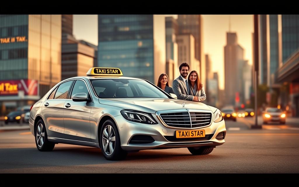 A stylish and modern taxi service with the Taxi Star brand, showcasing its key advantages. A sleek, silver sedan with a polished exterior stands prominently in the foreground, reflecting the elegant and reliable nature of the service. The middle ground features a group of smiling passengers - a family, friends, or business professionals - indicating the versatility and comfort of the vehicle. In the background, a vibrant cityscape with modern skyscrapers and bustling streets conveys the convenience and accessibility of the Taxi Star service. The scene is illuminated by warm, natural lighting, creating a welcoming and professional atmosphere. The overall composition aims to highlight the superior quality, customer-centric approach, and the practical benefits of the Taxi Star taxi service.