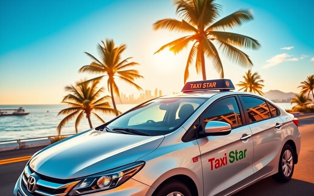 A vibrant and scenic image of a taxi service in Vinh Hy, Nha Trang, showcasing the benefits and advantages for passengers. In the foreground, a sleek and modern "Taxi Star" vehicle prominently displays the brand, its pristine exterior gleaming under warm, golden sunlight. The middle ground features a picturesque coastal landscape, with the iconic Nha Trang skyline visible in the distance, framed by swaying palm trees. The background is filled with a serene, azure sky, creating a sense of tranquility and relaxation. The overall composition conveys the convenience, comfort, and value-added services of the Taxi Star transportation, perfectly complementing the article's subject matter.