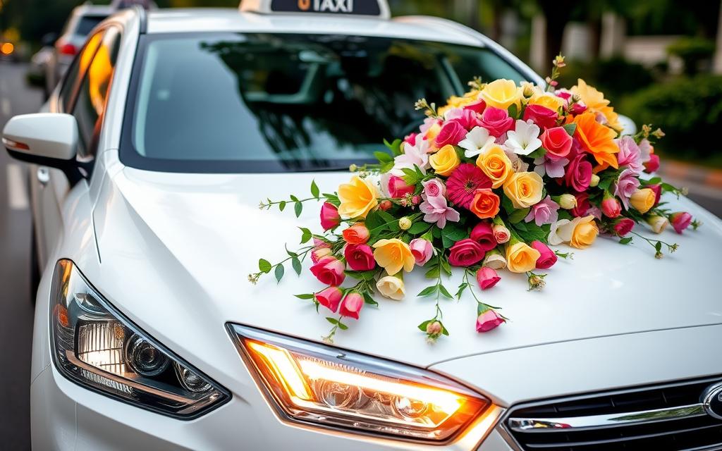 A vibrant and stylish floral arrangement adorns the elegant Taxi Star car, showcasing the exquisite attention to detail and craftsmanship of the Ninh Thuận flower decoration service. Lush blooms in a harmonious color palette cascade gracefully across the vehicle's sleek lines, creating a visually captivating and inviting display. Soft, warm lighting casts a subtle glow, highlighting the rich textures and vivid hues of the expertly curated floral elements. The meticulously designed composition seamlessly blends the natural beauty of the flowers with the modern, sophisticated design of the Taxi Star, exemplifying the service's ability to elevate and enhance the overall aesthetic. This stunning image captures the essence of the service's unique offerings and the unparalleled quality that sets it apart.