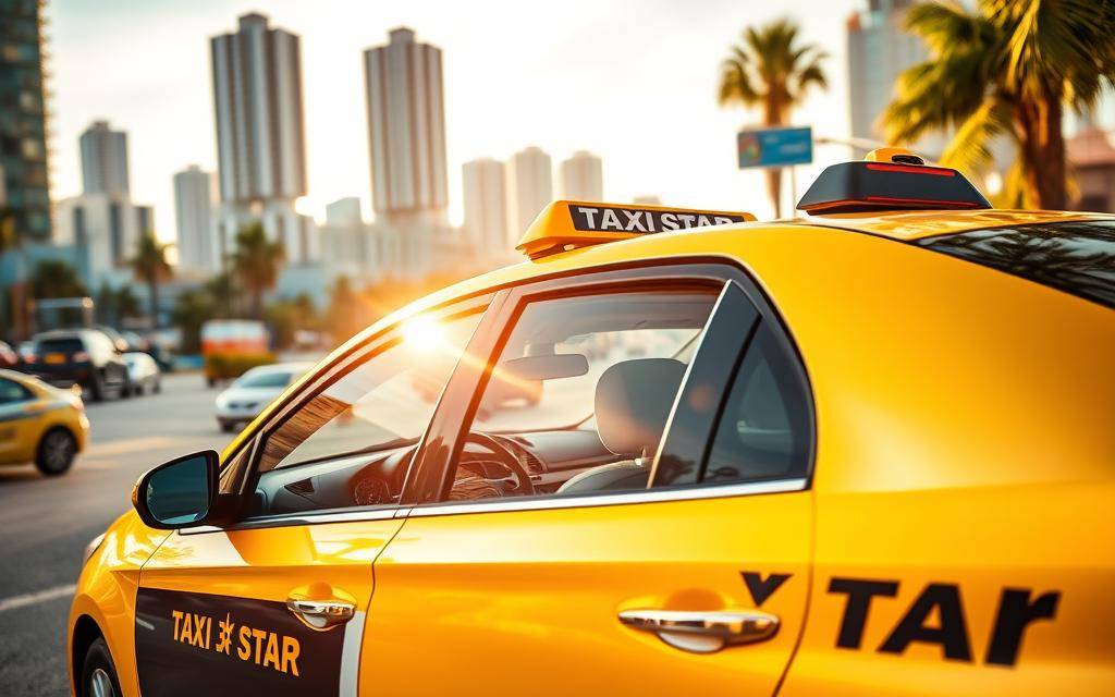 A vibrant, modern taxi cab with the "Taxi Star" logo prominently displayed on the side, parked on a bustling city street in Vung Tau. The cab is illuminated by warm, natural daylight, casting soft shadows across its sleek, metallic exterior. In the background, a detailed cityscape of Vung Tau unfolds, with high-rise buildings and palm trees visible in the distance. The foreground features a clear, unobstructed view of the taxi's interior, showcasing its comfortable seating and clean, well-maintained appearance. The overall scene conveys a sense of reliable, professional transportation, ready to ferry passengers from Vung Tau to Ho Chi Minh City.