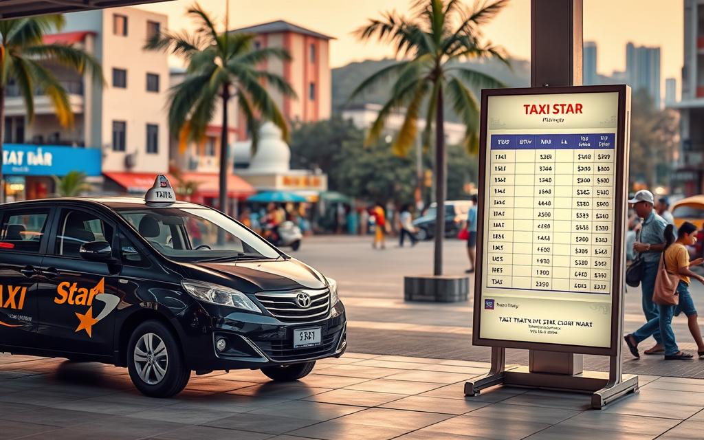 A vibrant tableau of a taxi stand in Nha Trang, Vietnam. In the foreground, a gleaming "Taxi Star" vehicle stands ready, its sleek silhouette and distinctive branding inviting passengers. The middle ground features a detailed price chart, neatly displayed on a well-lit, legible board, showcasing the latest fares for the journey from Nha Trang to Dalat. The background is a bustling urban landscape, with buildings, palm trees, and pedestrians creating a lively, photogenic scene. Warm lighting and a soft, natural color palette convey a sense of comfort and accessibility, encouraging travelers to confidently book their ride.
