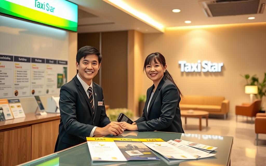 A warm and inviting customer service counter in a Taxi Star transportation hub. The foreground features a friendly employee in smart uniform assisting a customer, their expressions conveying attentive care. The middle ground showcases an array of informative brochures and signage detailing Taxi Star's range of services and policies. In the background, a tranquil lounge area with comfortable seating invites weary travelers to relax. Soft, diffused lighting sets a welcoming atmosphere, while the Taxi Star logo is prominently displayed, reinforcing the brand's commitment to exceptional customer experience. Chèn hình ảnh thật.