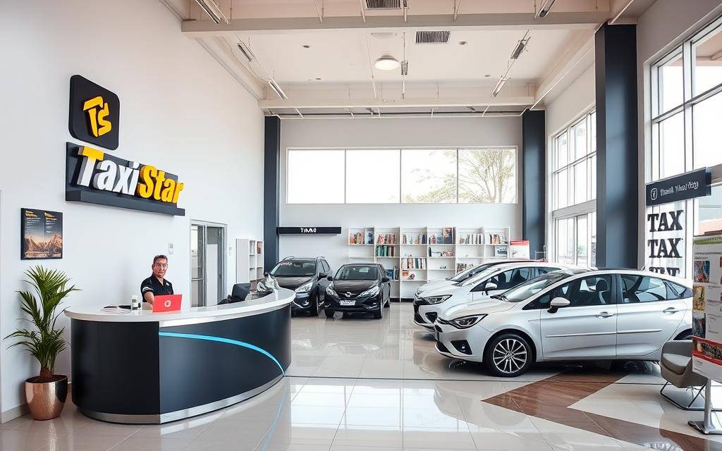 A well-designed, modern interior of a rental car service office in Phan Rang. The room is bright and airy, with large windows letting in natural light. A prominent sign with the "Taxi Star" brand logo is displayed on the wall. In the foreground, a sleek, contemporary reception desk with a friendly staff member ready to assist customers. On the middle ground, a display of various car models available for rent, showcasing their features and specifications. The background features shelves with brochures and other informational materials, as well as a few comfortable chairs for waiting customers. The overall atmosphere conveys professionalism, reliability, and a commitment to providing a high-quality rental experience.