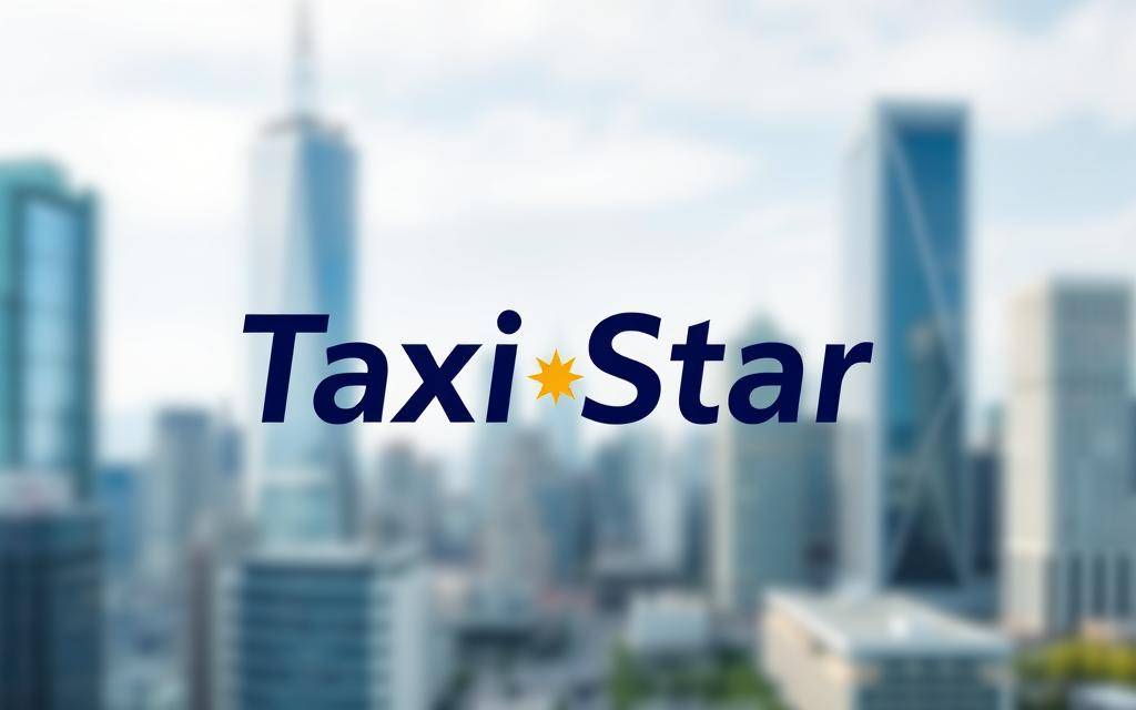 A well-designed taxi service logo with the text "Taxi Star" prominently displayed, conveying a sense of professionalism and reliability. The image should feature a modern, minimalist aesthetic with a color palette of blues and grays to evoke a clean, trustworthy brand identity. Depict the logo against a blurred city skyline backdrop, with the focus on the brand mark itself. Capture the logo in a three-quarter view, with balanced lighting and a slightly elevated camera angle to emphasize the brand's credibility and stature within the local transportation industry.