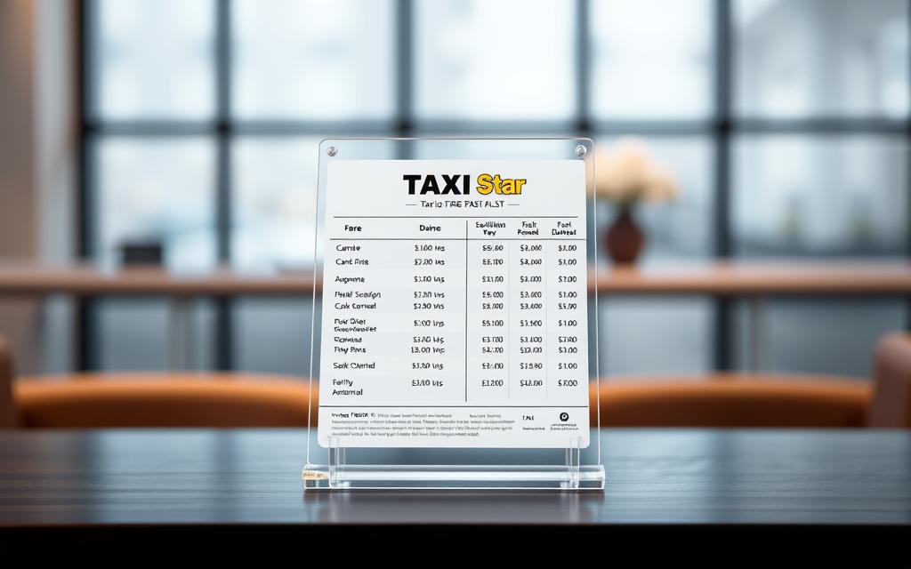 A well-lit indoor scene depicting a transparent acrylic display stand on a dark wood table, showcasing the Taxi Star brand logo and a clear, detailed price list with fares for various distances and destinations. The lighting is soft and diffused, creating a professional, transparent, and trustworthy atmosphere. The background is blurred, keeping the focus on the informative price display. The image conveys a sense of clarity, accessibility, and honesty in the taxi fare structure.