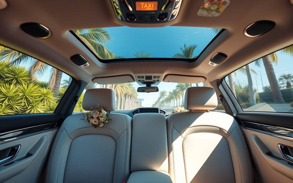 A well-lit interior of a sleek, modern luxury wedding car from Taxi Star, its gleaming chrome accents reflecting the soft natural light. The spacious backseat is adorned with delicate floral arrangements, hinting at the special occasion it will transport. The driver's seat is empty, inviting the viewer to imagine themselves being chauffeured to their wedding ceremony in style and comfort. The car is positioned in a lush, verdant setting, with towering palm trees and a clear blue sky visible through the panoramic windows, creating a serene, picturesque atmosphere.
