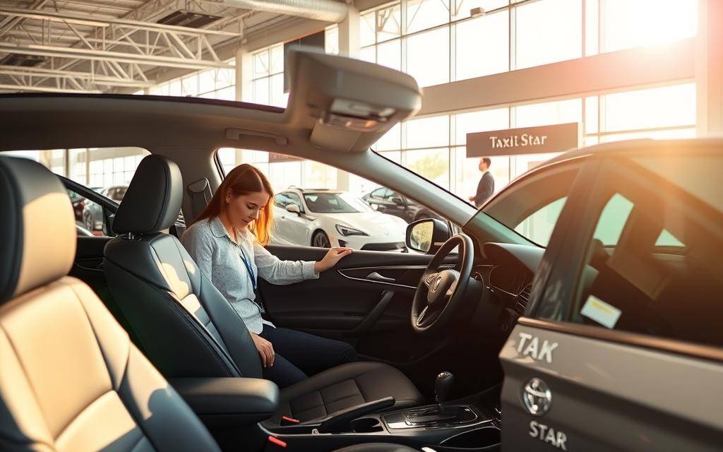 A well-lit showroom with a fleet of sleek, modern vehicles from the Taxi Star rental service. A customer examines the interior of a mid-size sedan, checking the condition of the seats and dashboard. Sunlight streams through large windows, casting a warm glow over the scene. In the background, a service counter with a friendly attendant stands ready to assist with the rental process. The overall atmosphere conveys a sense of professionalism and attention to detail, setting the stage for a smooth and hassle-free car rental experience.