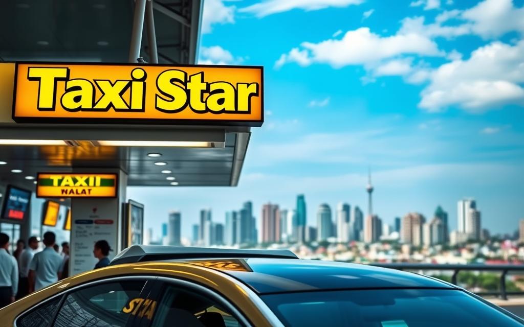 A well-lit taxi stand in a bustling city, with a large "Taxi Star" sign prominently displayed. In the foreground, a modern, sleek taxi waits to transport passengers, its polished exterior reflecting the vibrant urban scene. The middle ground features a detailed price list, showcasing the various rates for different destinations, including the route from Nha Trang to Da Lat. The background is a panoramic view of the city skyline, with towering buildings and a clear, blue sky overhead, conveying a sense of efficiency and professionalism in the transportation services. The overall composition is balanced, with a strong emphasis on the taxi pricing information, creating a visually appealing and informative image.