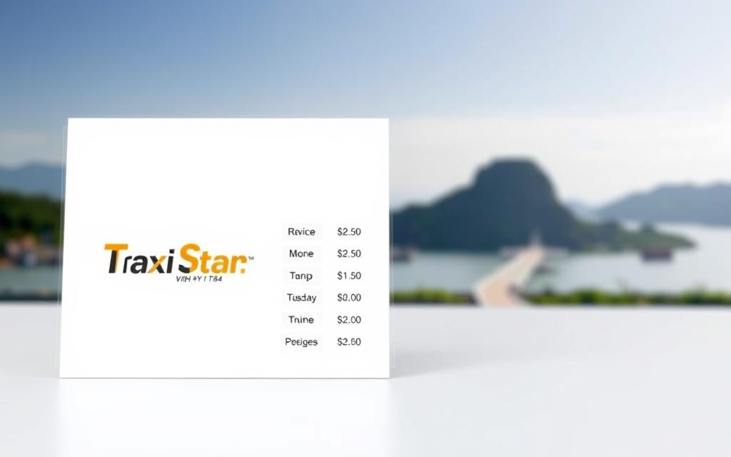 A well-organized and visually appealing price list for Taxi Star services in Vinh Hy. The foreground showcases the Taxi Star logo and a clean, easy-to-read price table with different rates for different services, highlighting the flexibility and transparency of the pricing. The middle ground features a modern, minimalist design with clean lines and a subtle background pattern, creating a professional and trustworthy atmosphere. The background subtly incorporates the scenic Vinh Hy landscape, adding a sense of location and regional context. The overall image conveys a sense of reliability, transparency, and tailored transportation options for the Vinh Hy-Nha Trang route.