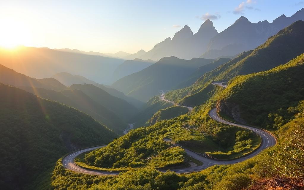 A winding mountain road winds through a lush, verdant landscape, with towering peaks in the distance. The sun casts a warm, golden glow over the scene, illuminating the rugged terrain and the occasional Taxi Star vehicle navigating the switchbacks. The road snakes through the valley, cutting through dense forests and offering breathtaking vistas of the surrounding hills. The atmosphere is serene and tranquil, with a sense of adventure and exploration. The image captures the essence of the journey from Nha Trang to Đà Lạt, highlighting the scenic beauty and the vital role of transportation in connecting these two destinations.