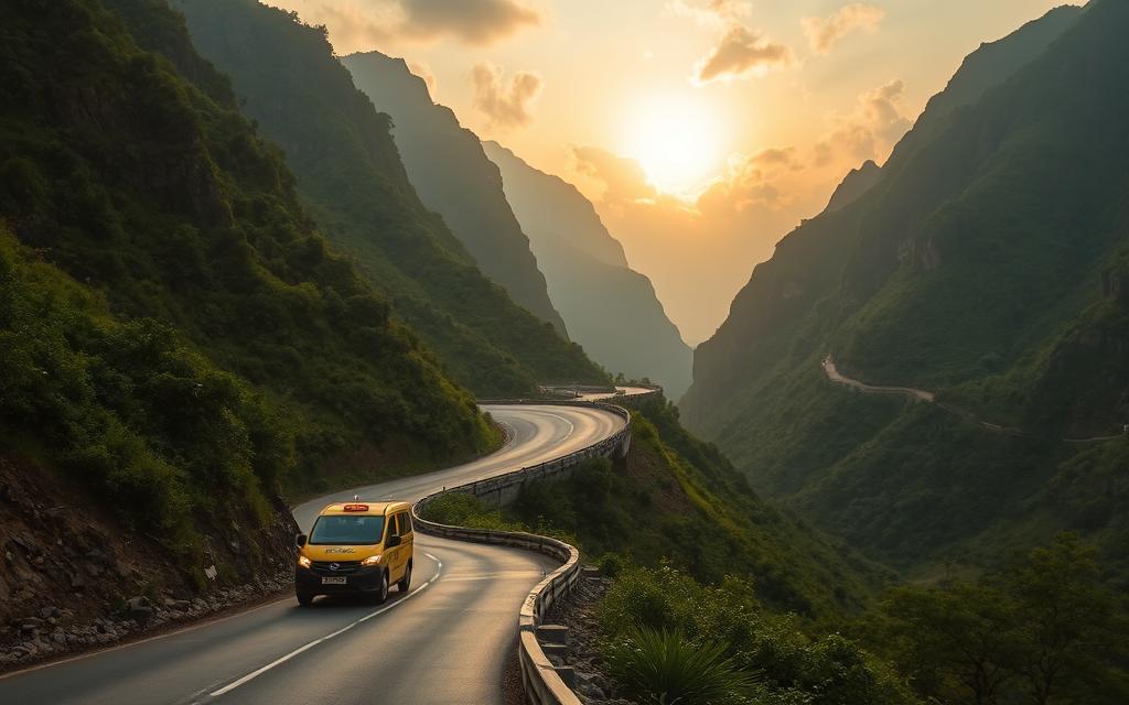 A winding mountain road winds through a lush, verdant landscape. In the foreground, a Taxi Star vehicle navigates the curving path, its headlights illuminating the way. The steep cliffs of the Khánh Lê Pass rise up on either side, casting dramatic shadows. The sky is a blend of warm hues, with the sun peeking through the clouds, casting a golden glow over the scene. The perspective is from slightly elevated, capturing the scale and grandeur of the surroundings. The image conveys a sense of adventure and the exhilaration of traversing this picturesque, challenging terrain.