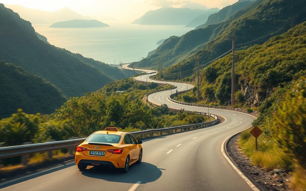 A winding road snakes through lush, verdant hills, leading from the coastal town of Vĩnh Hy to the bustling city of Nha Trang. The route is flanked by towering mountains and the shimmering blue waters of the East Sea. In the foreground, a Taxi Star vehicle navigates the curves, its sleek design and vibrant colors standing out against the natural backdrop. The lighting is soft and diffused, casting a warm, golden glow over the scene. The perspective is from a slightly elevated angle, allowing the viewer to take in the full scope of the picturesque journey. The overall mood is one of tranquility and adventure, inviting the observer to imagine the experience of this scenic transportation route.