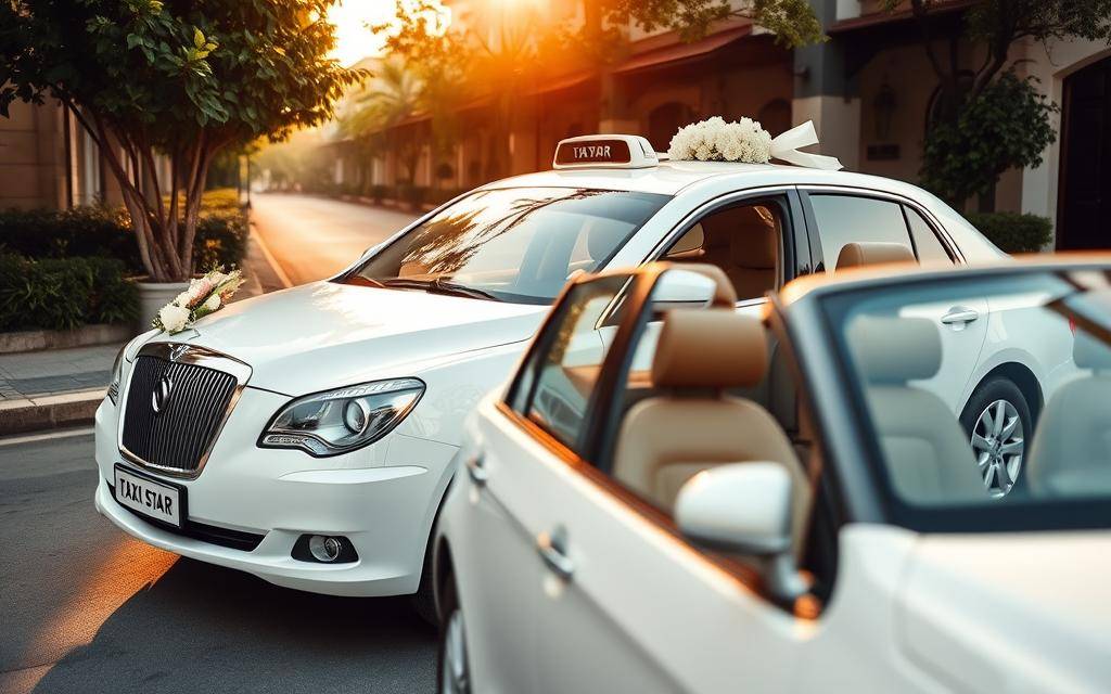 An elegant wedding car parked on a picturesque street in Ninh Thuan, Vietnam. The "Taxi Star" brand vehicle is pristine, its glossy white exterior catching the warm, golden light of the afternoon sun. The scene evokes a sense of timeless romance, with lush greenery and traditional architecture framing the frame. The car's interior is meticulously detailed, with plush leather seats and polished chrome accents, hinting at the comfortable and luxurious ride it can provide for the newlyweds. The overall mood is one of refined sophistication, perfectly suited for a memorable wedding day in this scenic coastal province.
